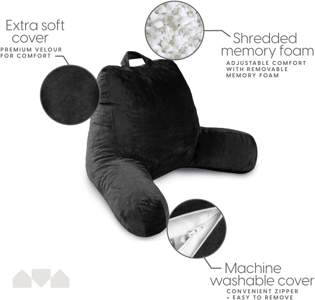 Milliard Reading Pillow with Arms, Black, Cozy Shredded Memory Foam Back Pillow for Bed Sitting Up - Sit Up Backrest Support for Reading…