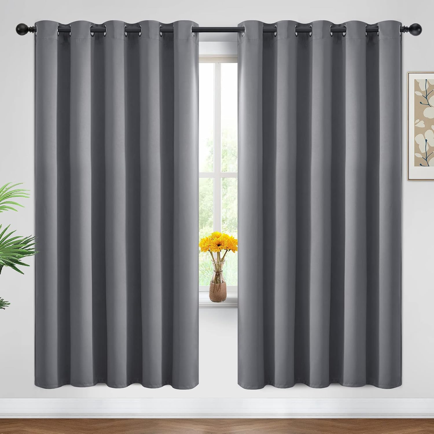 Yakamok Blackout Curtains Room Darkening Thermal Insulated Window Panels, Solid Grommet Top Drapes for Bedroom/Living Room(62Wx72L, Grey…