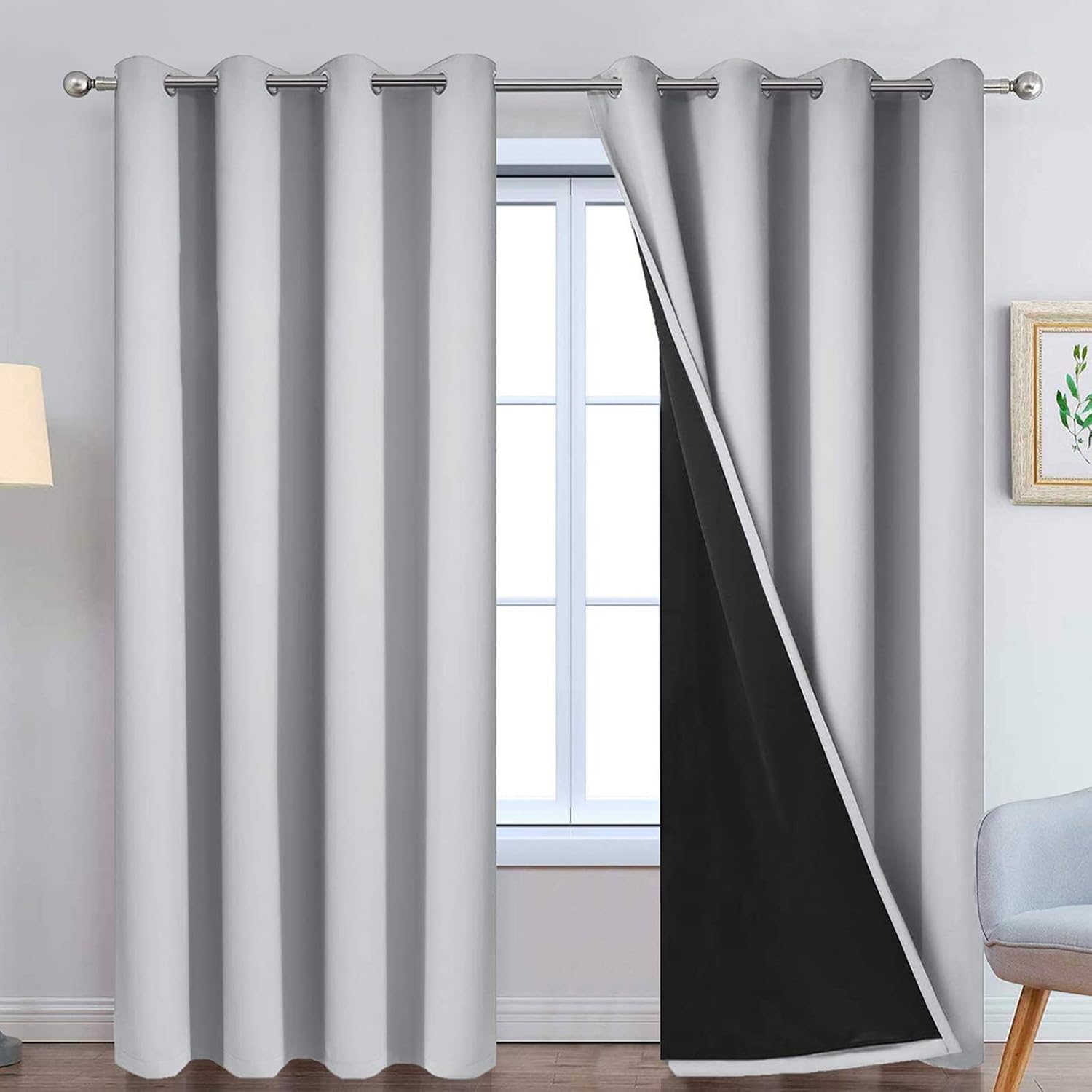 Yakamok 100% Blackout Window Curtain Panels, Heat and Full Light Blocking Drapes with Black Liner for Nursery, Thermal Insulated Draperies (…