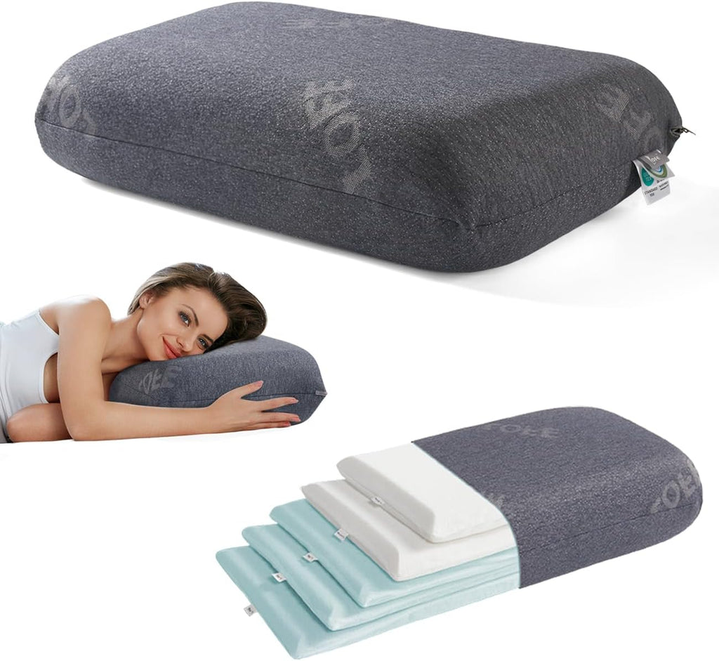 Lofe Adjustable Memory Foam Pillow - Combined Thin Pillow to Adjust Softness/Support, 10 Heights of Adjustable Piliow for Neck, CertiPUR-U…