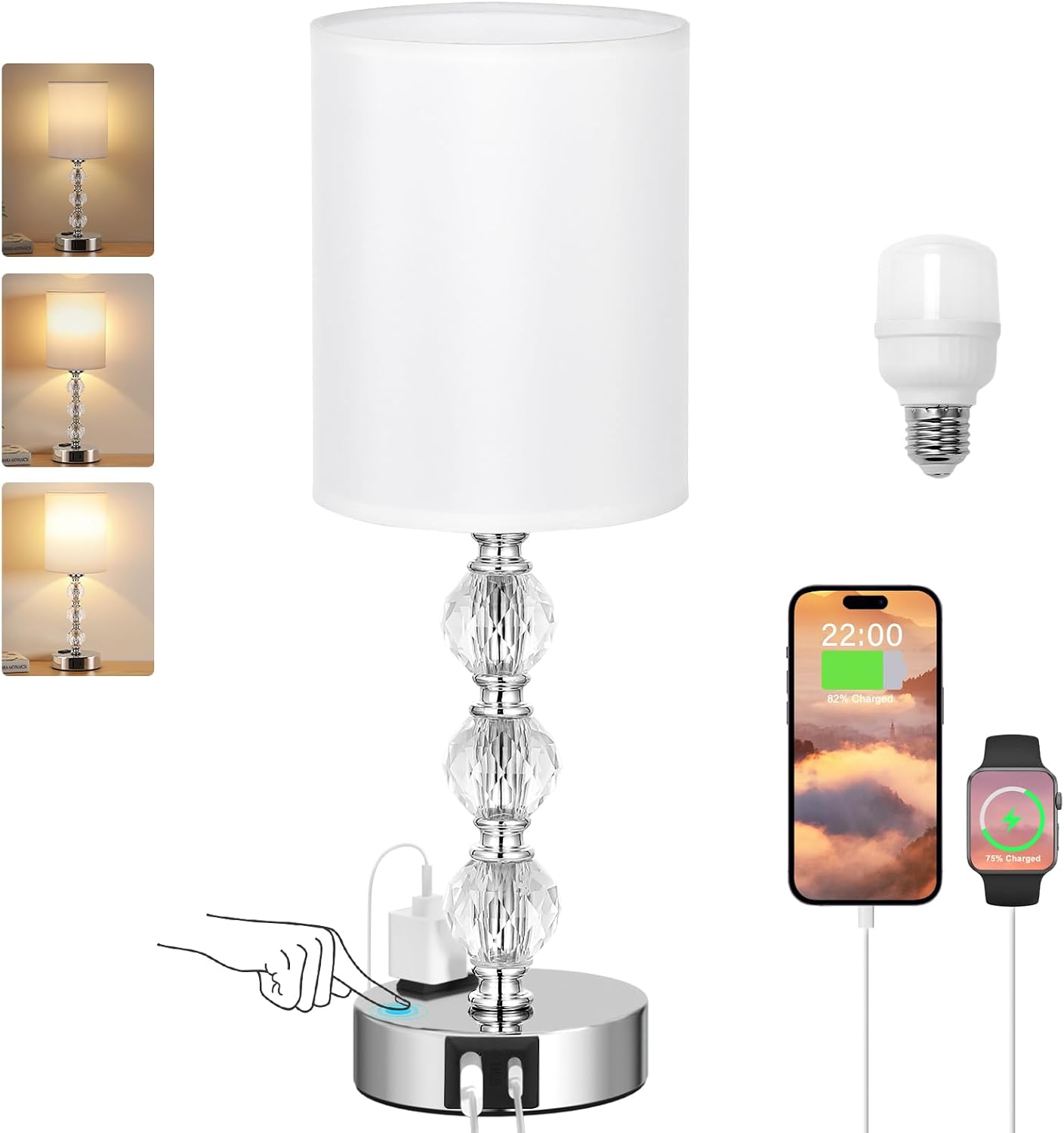 Touch Bedside Crystal Lamps for Bedrooms Nightstand with USB C+A Charging Port and AC Outlet White, 3 Way Dimmable Silver Small End Side…