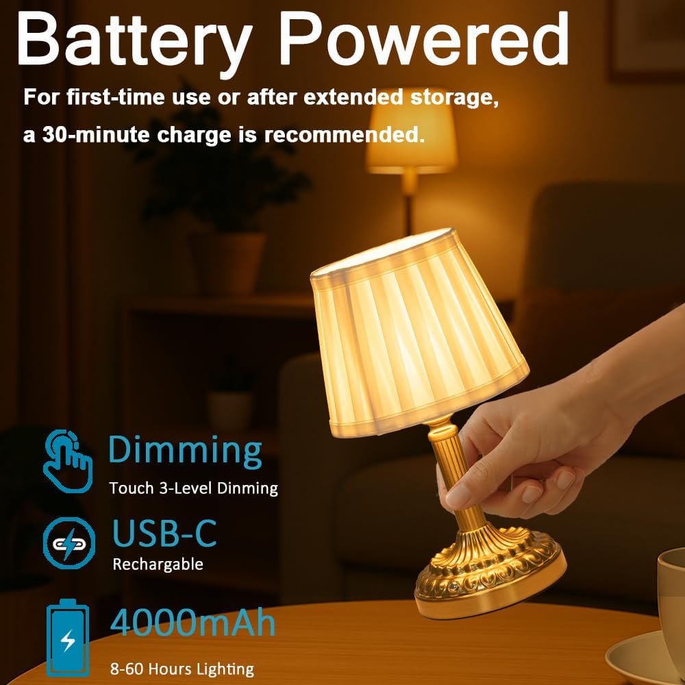 3 Way Dimmable Touch Control Cordless Table Lamp with Pleated Fabric Shade Glam Rechargeable Bedside Nightstand Lamp Small LED Desk Lamp…