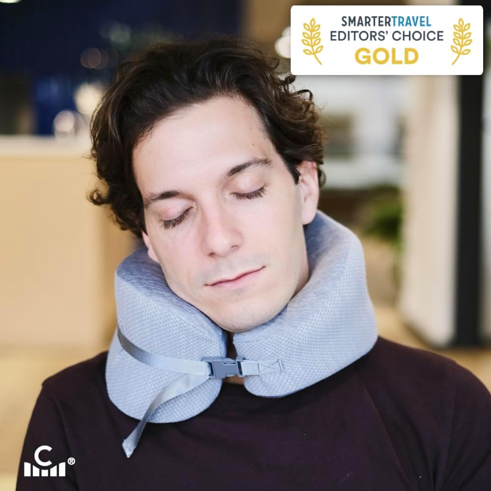 Cushionlab C CUSHION LAB Travel Pillow, Award-Winning Patented Ergonomic Design for Chin & Neck Support Memory Foam Neck Pillow, Compact Ai…