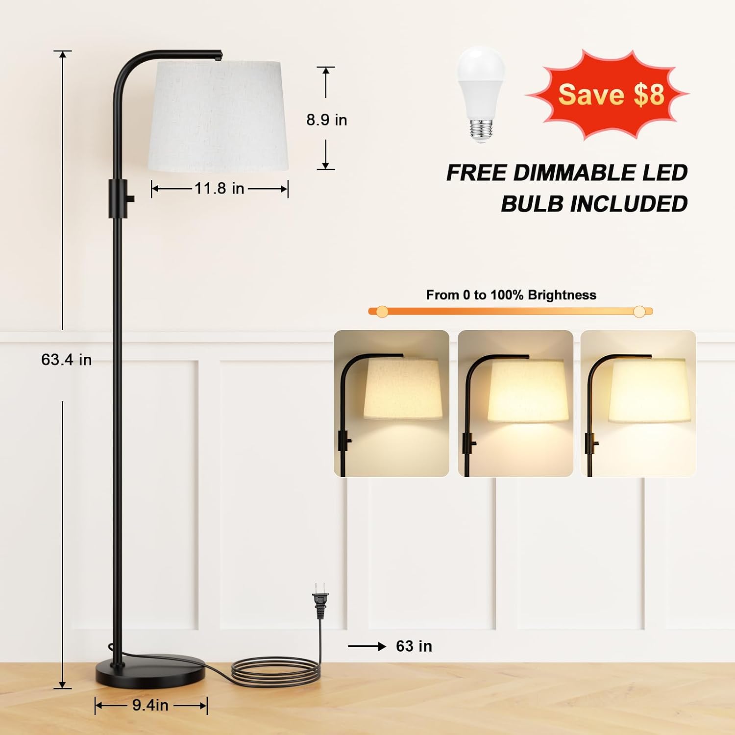 Ambimall Fully Dimmable Floor Lamp - Floor Lamps with 9W LED Bulb, Standing Lamps for Living Room with Adjust Head, Modern Standing Tall…