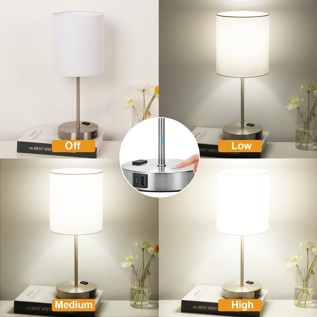 Lynnoland Set of 2 Touch White Table Lamps with 2 USB Ports & AC Outlet, 3-Way Dimmable Bedside Nightstand Lamps for Bedroom Living Room…