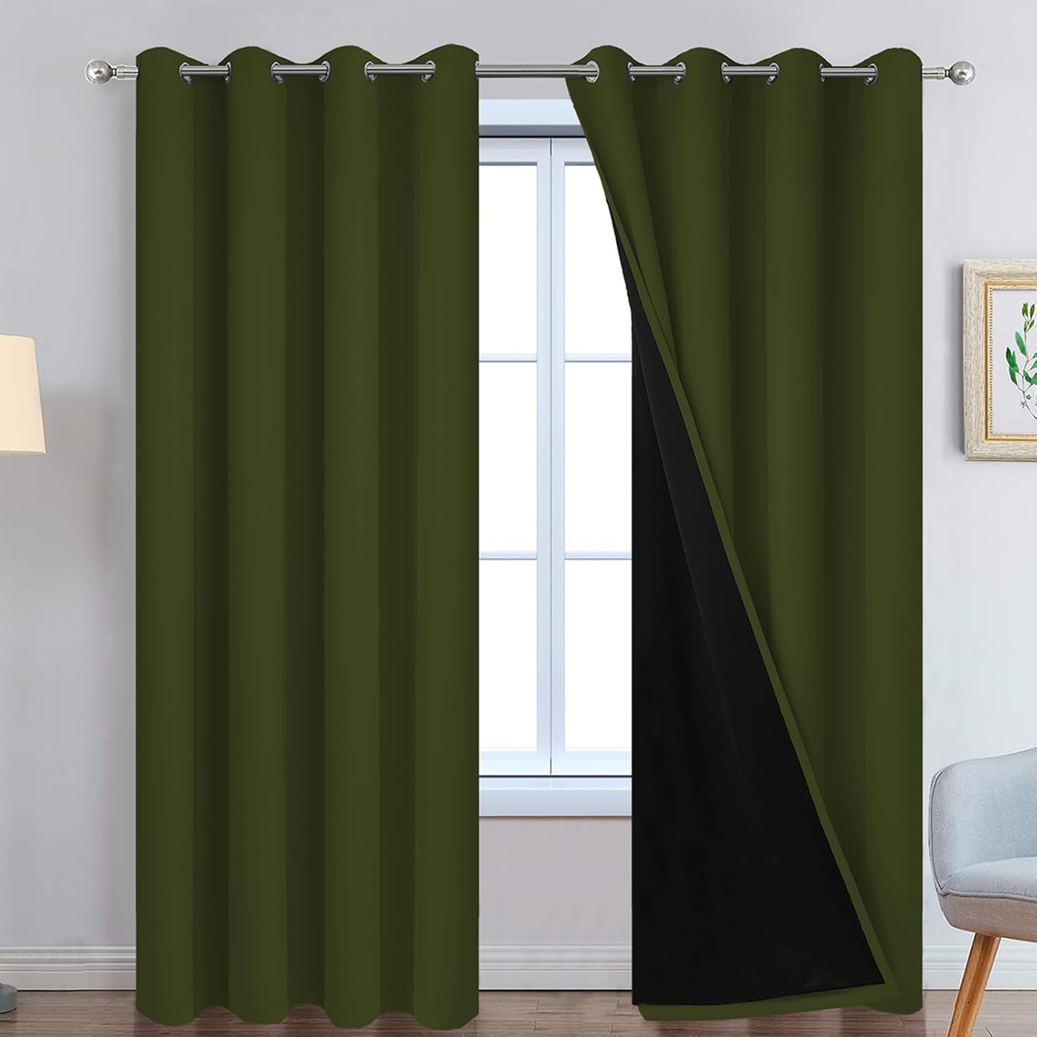 Yakamok Green 100% Blackout Curtains, Total Blackout Lined Curtain Panels for Bedroom, 2 Thick Layers Grommet Top Thermal Insulated Blackou…