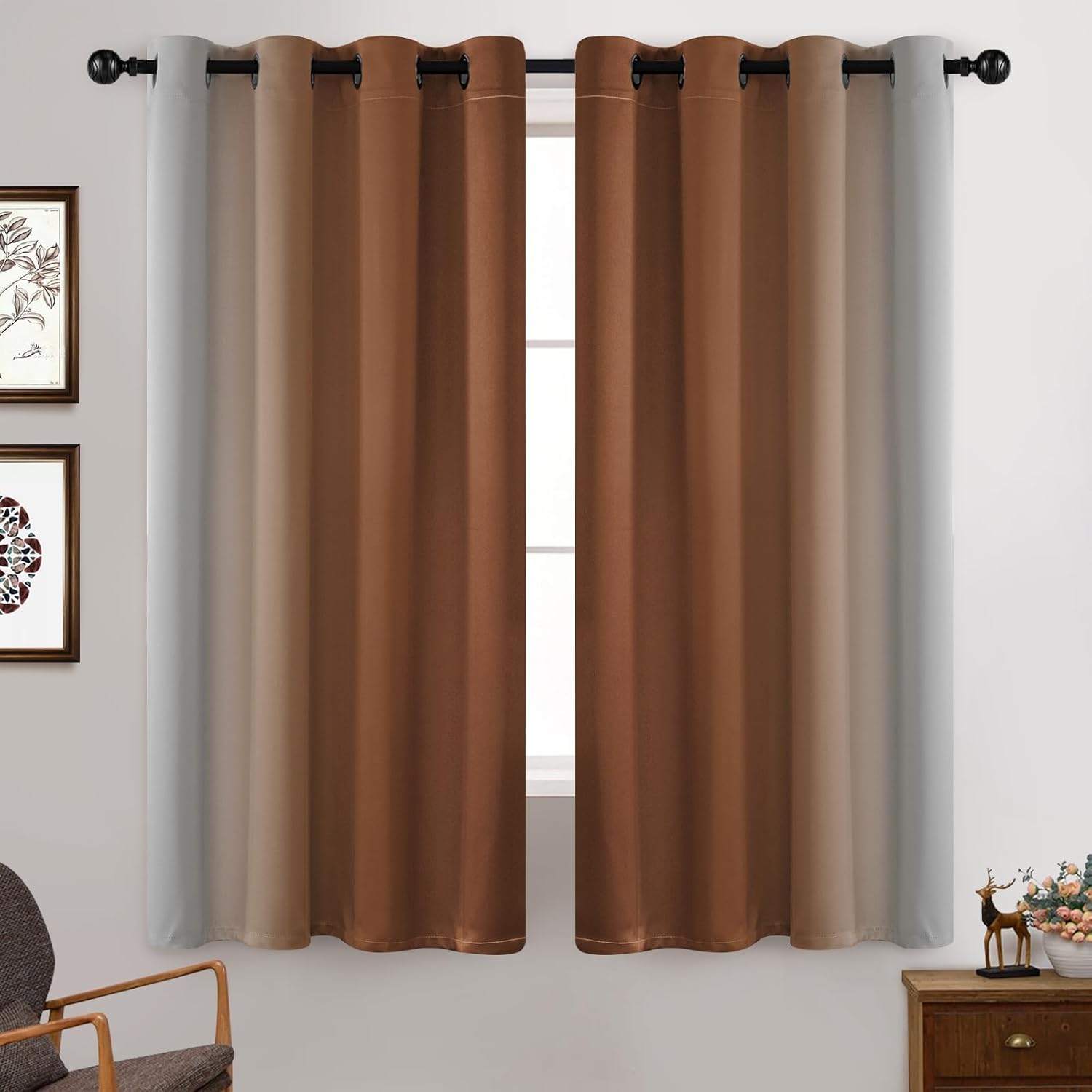 Yakamok Greyish White and Burnt Orange Ombre Curtains, Light Blocking Curtains, Room Darkening Grommet Window Drapes for Bedroom(Burnt Orange…