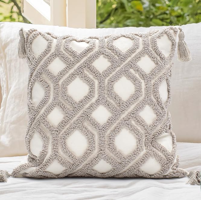 Loopuinhom Boho Pillow Covers 18X18 Inch Boho Tufted Throw Pillow Covers Decorative Tassels Cushion Cover Farmhouse Pillow Case for Couch S…
