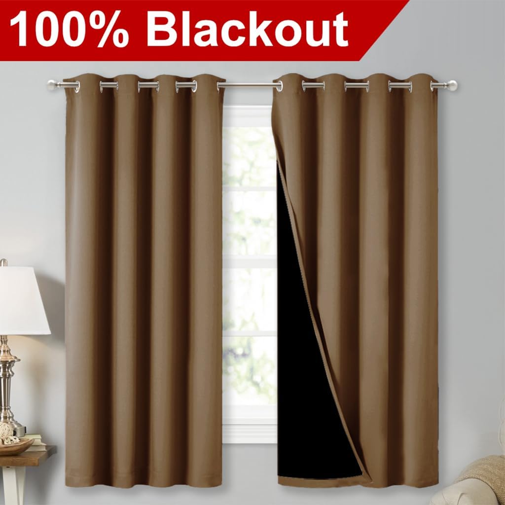 Nicetown 100% Blackout Lined Curtains, Totally Darkness Drapes with Silver Grommet, Thermal Insulated Drapes for Master Bedroom (Gold Brown…