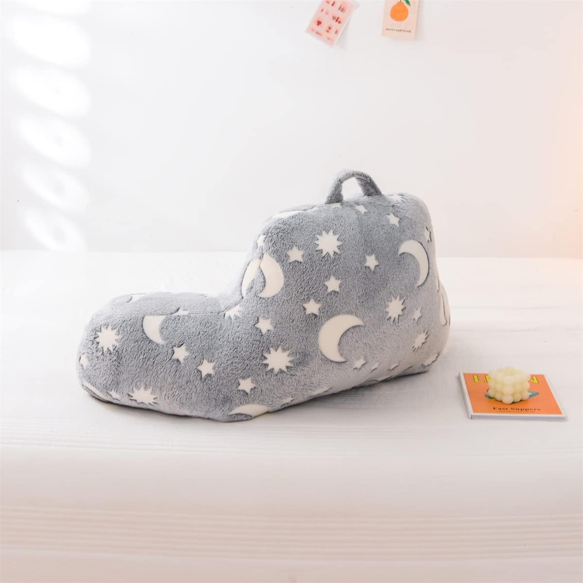 Holawakaka Glow in The Dark Reading Pillow for Sitting up in Bed Sofa Kids Teens, Luminous Moon Stars Backrest Pillow with Arms for Boys…