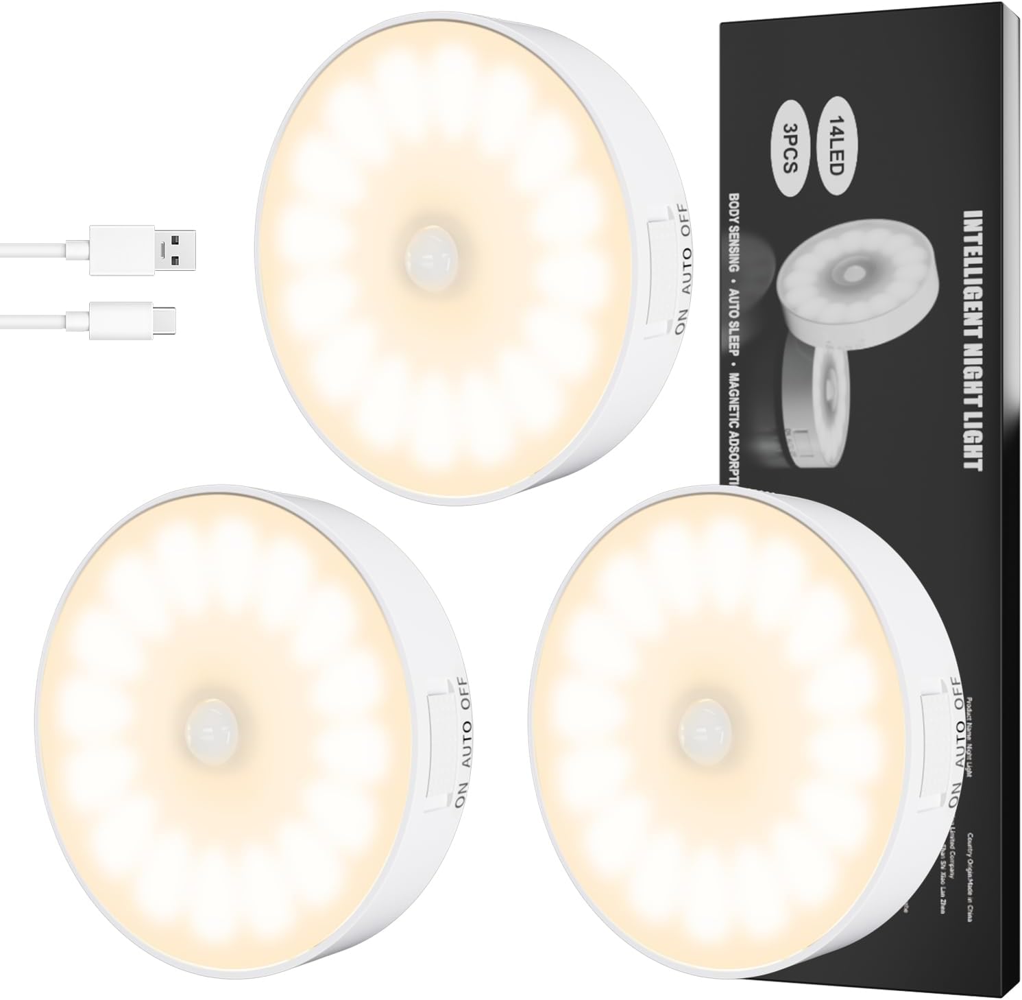3 Pack Motion Sensor Light Indoor, Upgraded 14 LEDs Night Light USB Rechargeable, 3 Light Modes & Long Last Battery, Cordless Magnetic…