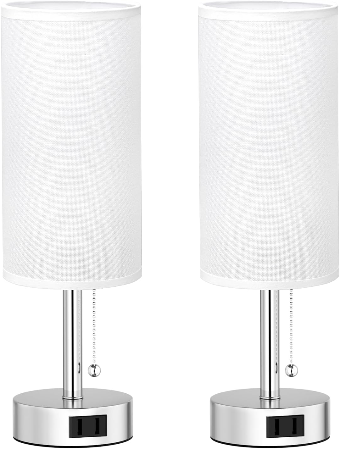 Fenmzee White Silver Bedside Table Lamps Set of 2-3 Color Temperatures Pull Chain Lamp with AC Outlet Charging Port, Two Round Night…