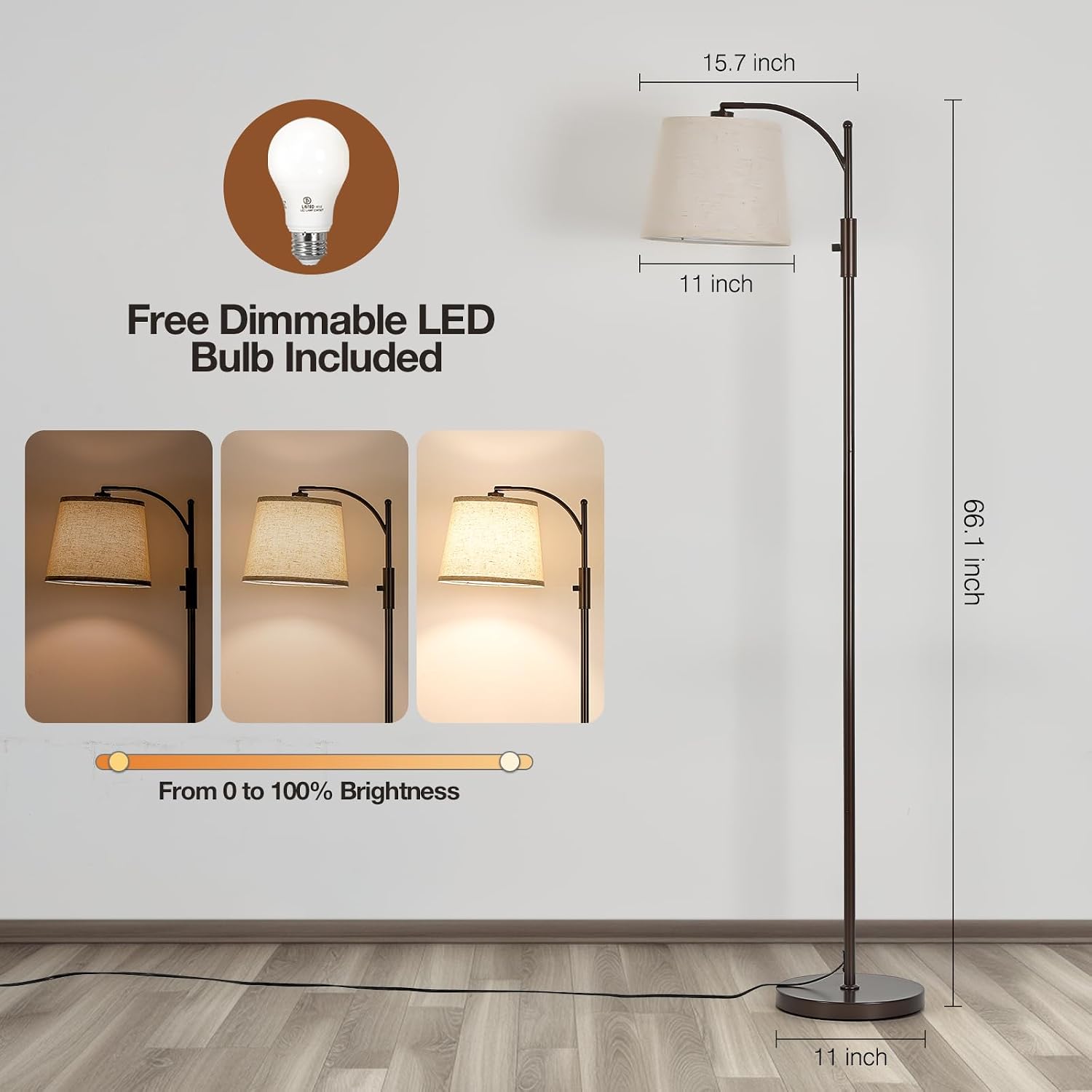 AIDENOEY Fully Dimmable Floor Lamp for Living Room, Standing Lamp Rotary Switch with Linen Beige Shade, Brown Tall Lamps for Bedroom with…