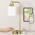 Innqoo Gold Lamp for Bedroom - Industrial Bedside Table Lamp with USB Port and Outlet, Fully Dimmable Nightstand Lamp with Opal Glass…