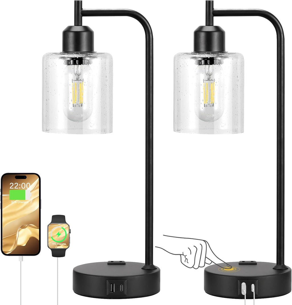 Industrial Touch Table Lamps for Bedrooms Set of 2 - 3-Way Dimmable Lamps with USB C+A Ports and Outlet, Black Bedside Lamps with Seeded…