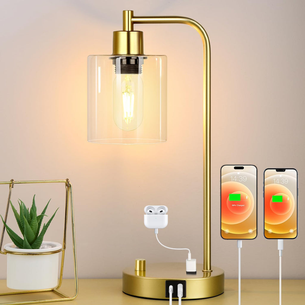 Gold Industrial Table Lamp with USB A+C Ports & Outlet, Fully Stepless Dimmable Modern Nightstand Lamp, Glass Shade Bedside Desk Lamp for…