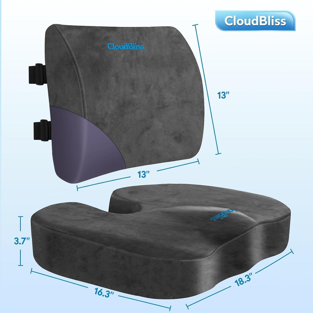 CloudBliss Lumbar Support Pillow & Seat Cushion Set for Office Chair, Desk Chair, Wheelchair & Car–Memory Foam Back Support, Ergonomic Chai…
