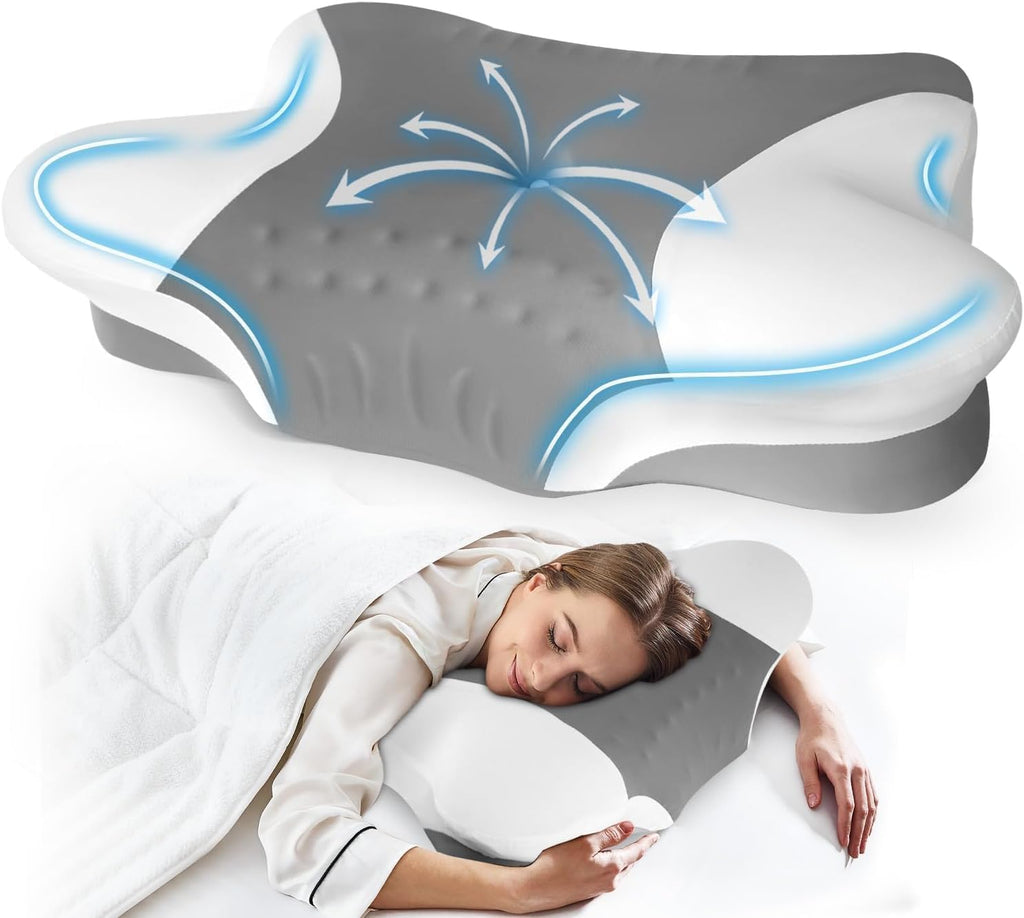Puzzlandia Queen Size Cervical Pillow for Neck Pain, Cooling Butterfly Pillow for Side Sleepers – Adjustable Orthopedic Contour Memory Foam…