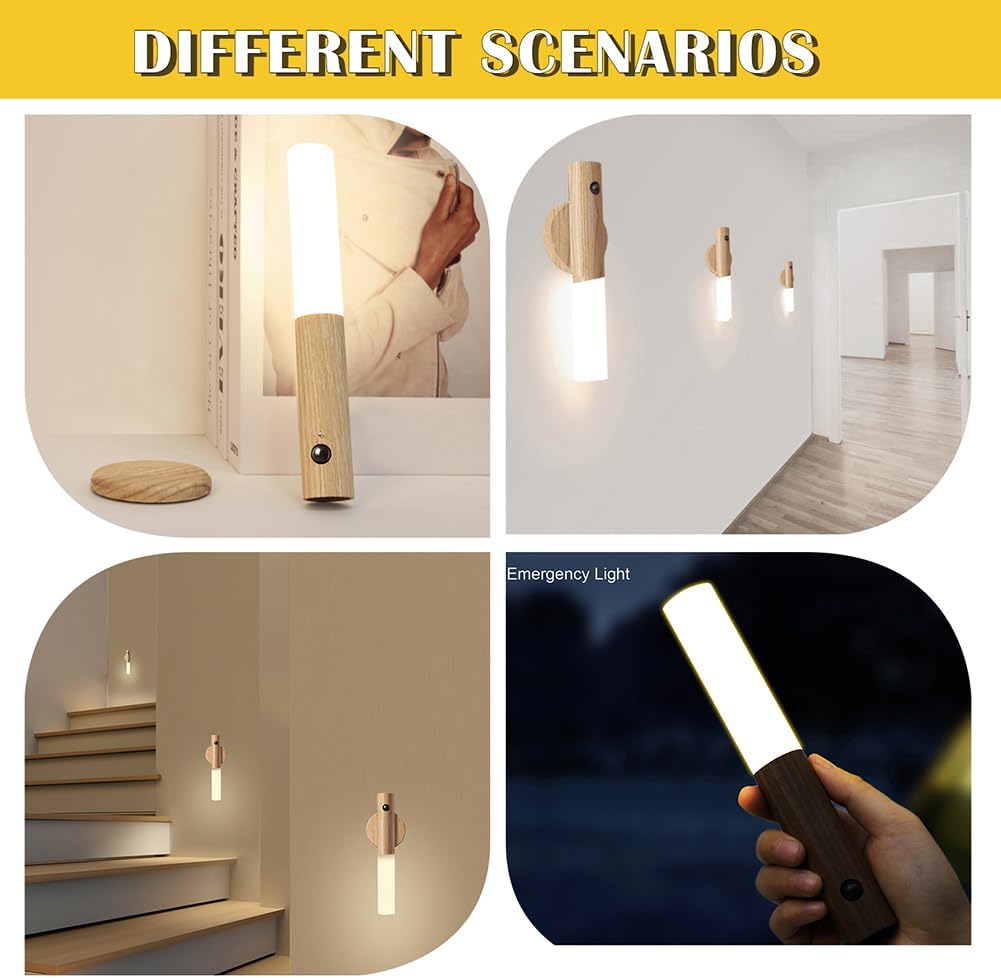 LANDGOO Wooden Motion Sensor Night Lights, Magnet Body Hallway Lamp, Rechargeable LED Wall Sconces, Portable for Stairway Bedroom…