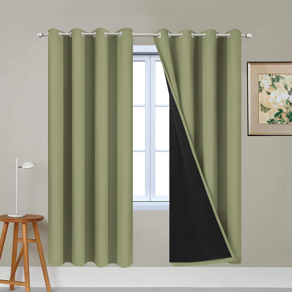 Yakamok 100% Blackout Curtains Energy Saving Thermal Insulated 2 Thick Layers Completely Blackout Drapes with Black Liner for Bedroom (52Wx…