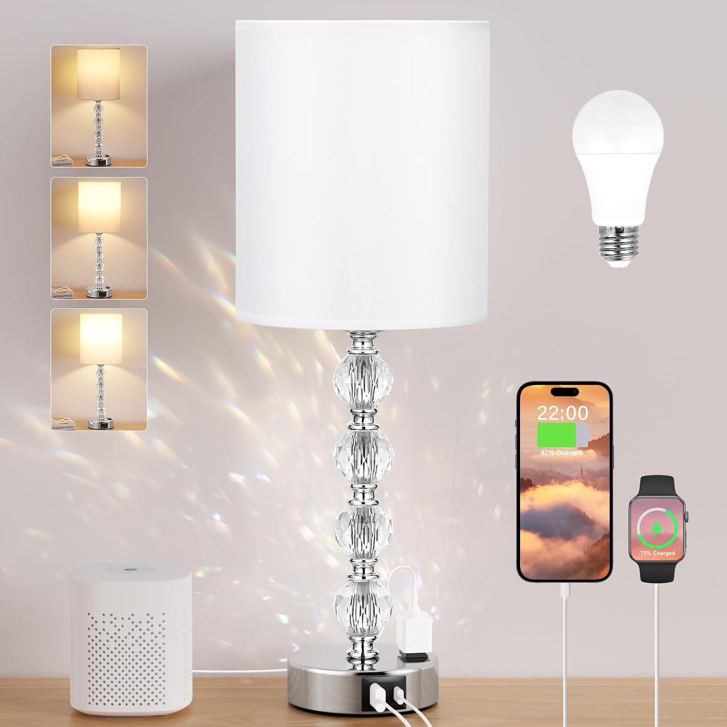 Touch Bedside Crystal Lamps for Bedrooms Nightstand with USB C+A Charging Port and AC Outlet White, 3 Way Dimmable Silver Large End Side…