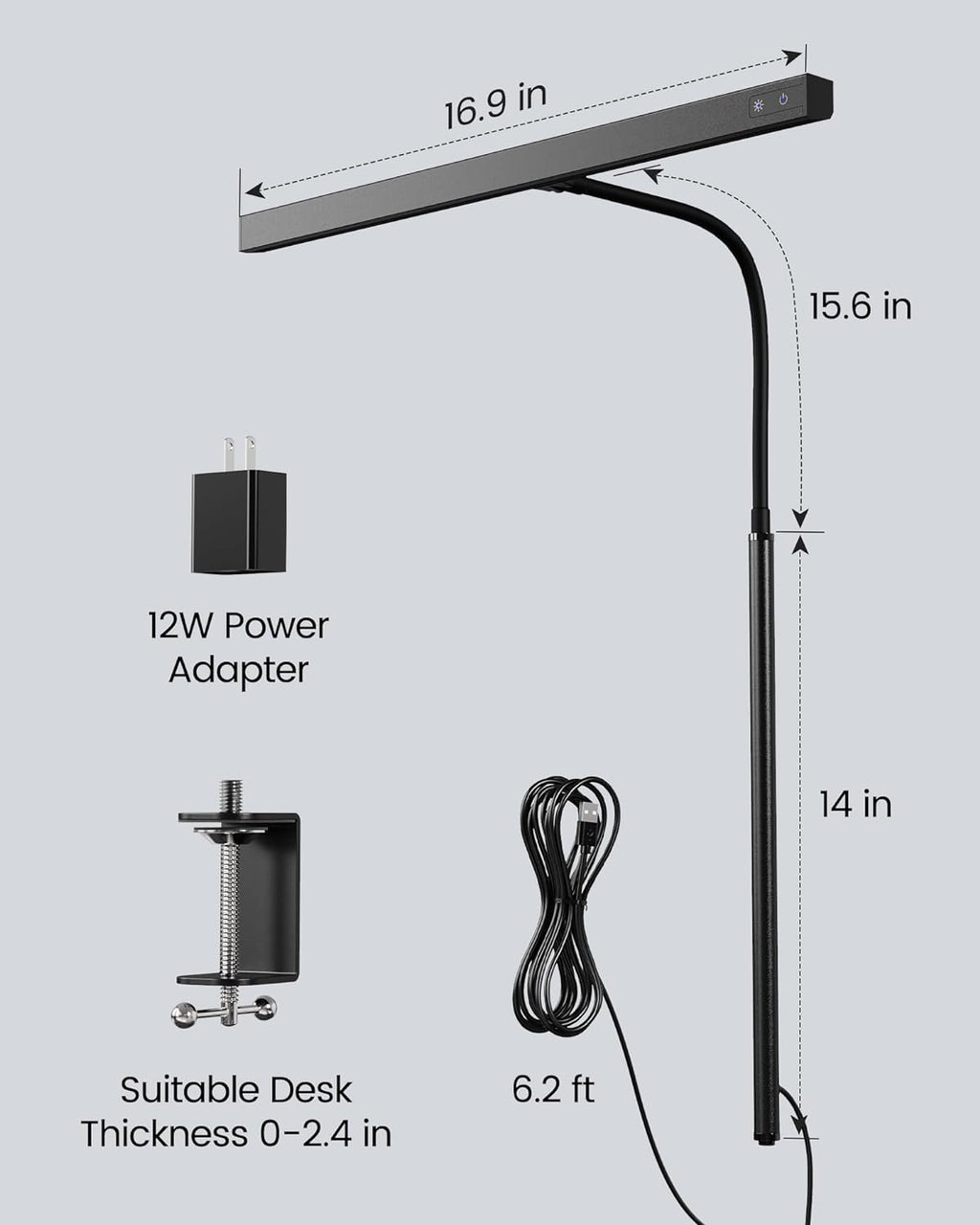 SUPERDANNY LED Desk Lamp for Office Home, Eye-Caring Desk Light with Adjustable Gooseneck, 12W Touch Control Dimmable Brightness…