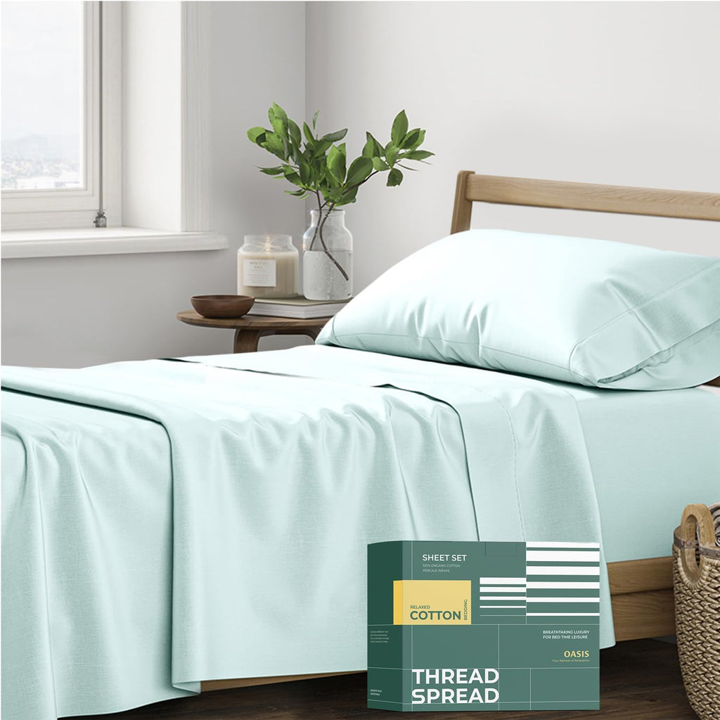 THREAD SPREAD 100% Organic Cotton Sheets Twin XL Size - 3 PC Organic Cotton Twin XL Percale Weave Sheet Set, Soft, Cooling, Crisp &…