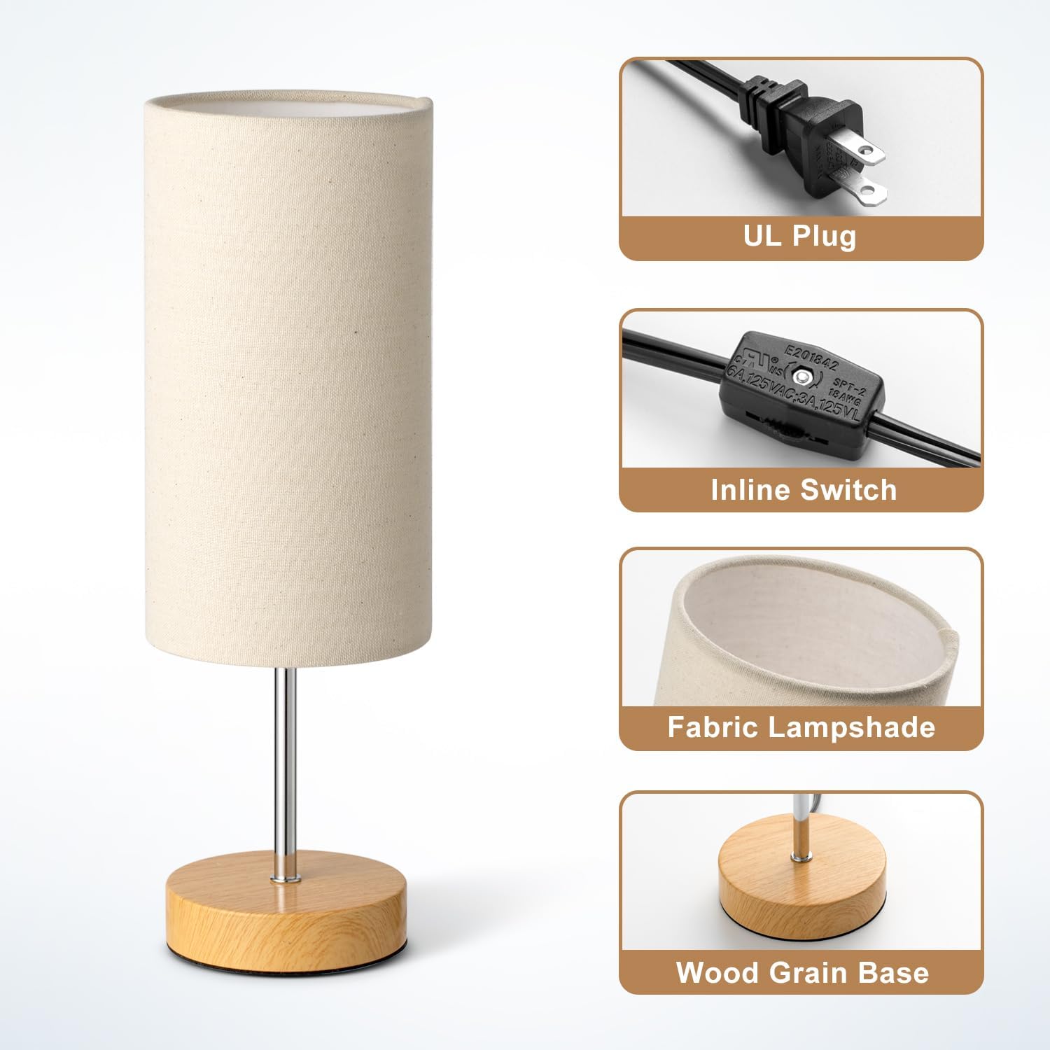 Small Bedside Table Lamp for Bedroom Nightstand, Round Linen Shade and Wood Base, Rustic Minimalist Night Lamps for Dresser, Living Room…