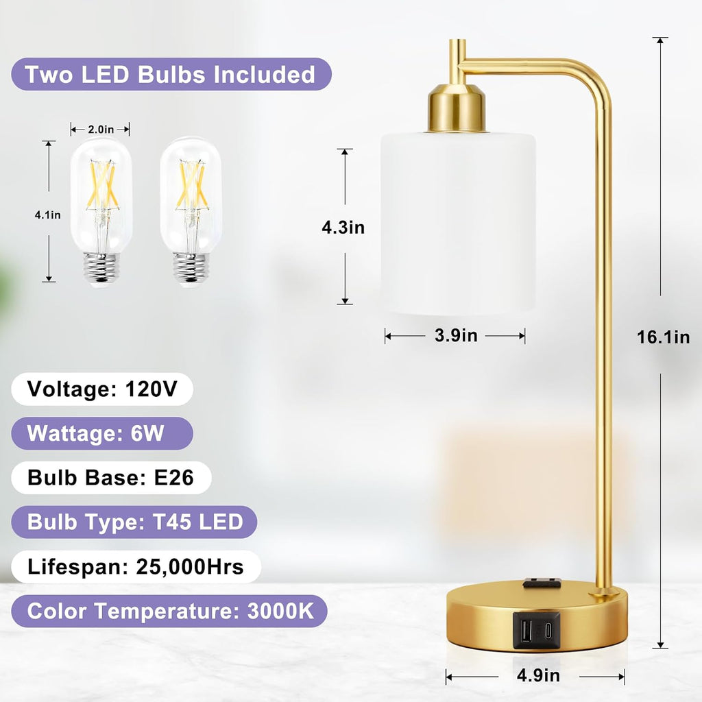 Innqoo Industrial Gold Table Lamps for Bedrooms Set of 2-3-Way Dimmable Desk Lamp with USB C+A Ports and Outlet, Gold Lamps with Opal…