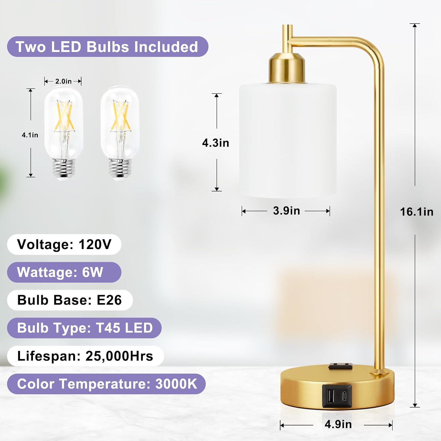 Innqoo Industrial Gold Table Lamps for Bedrooms Set of 2-3-Way Dimmable Desk Lamp with USB C+A Ports and Outlet, Gold Lamps with Opal…