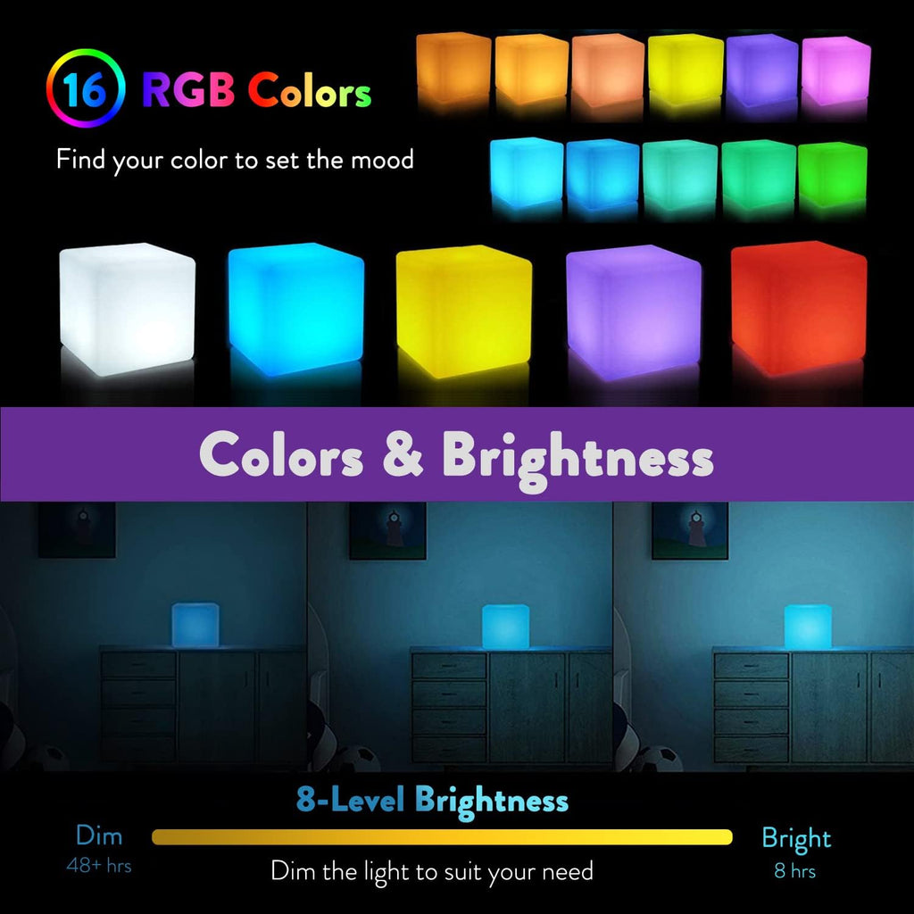 Mr.Go Rechargeable LED Color-Changing Light Cube 8", Dimmable Soothing Mood Lamp with Remote, 16 RGB Colors 4 Modes, Waterproof Cube L…