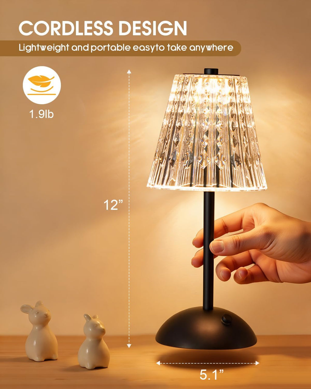 Nusogon Rechargeable Cordless Table Lamp, Touch Control Crystal Desk Lamp with 3500mAh Battery, 3 Color Dimmable LED Small Lamp for…