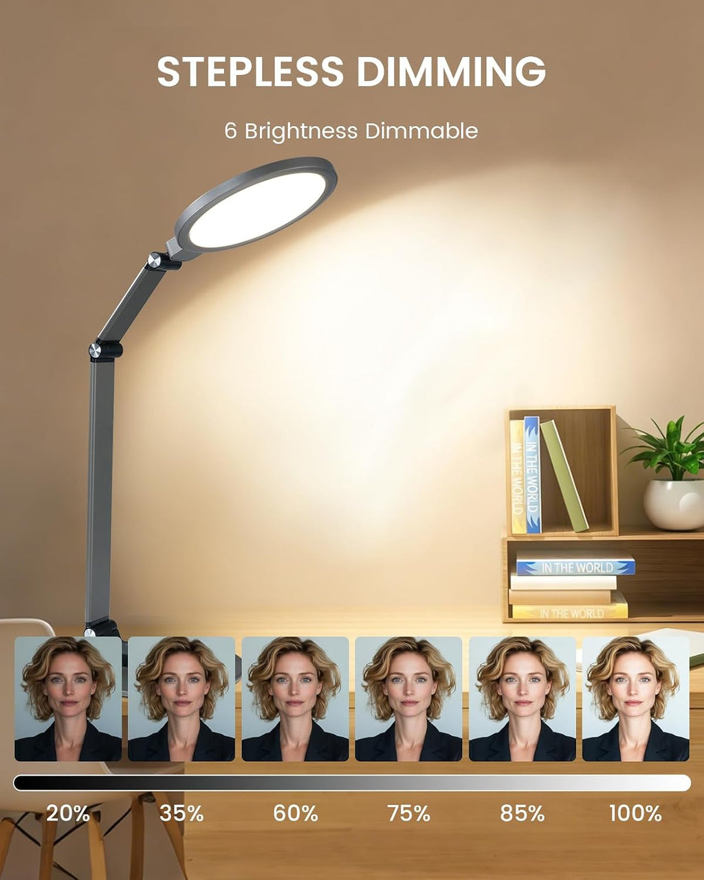 Tefiohen LED Desk Lamp for Home Office, Eye-Caring Dimmable Table Lamp with Adjustable Metal Swing Arm, Soft Diffused Anti-Glare Light, Mem…