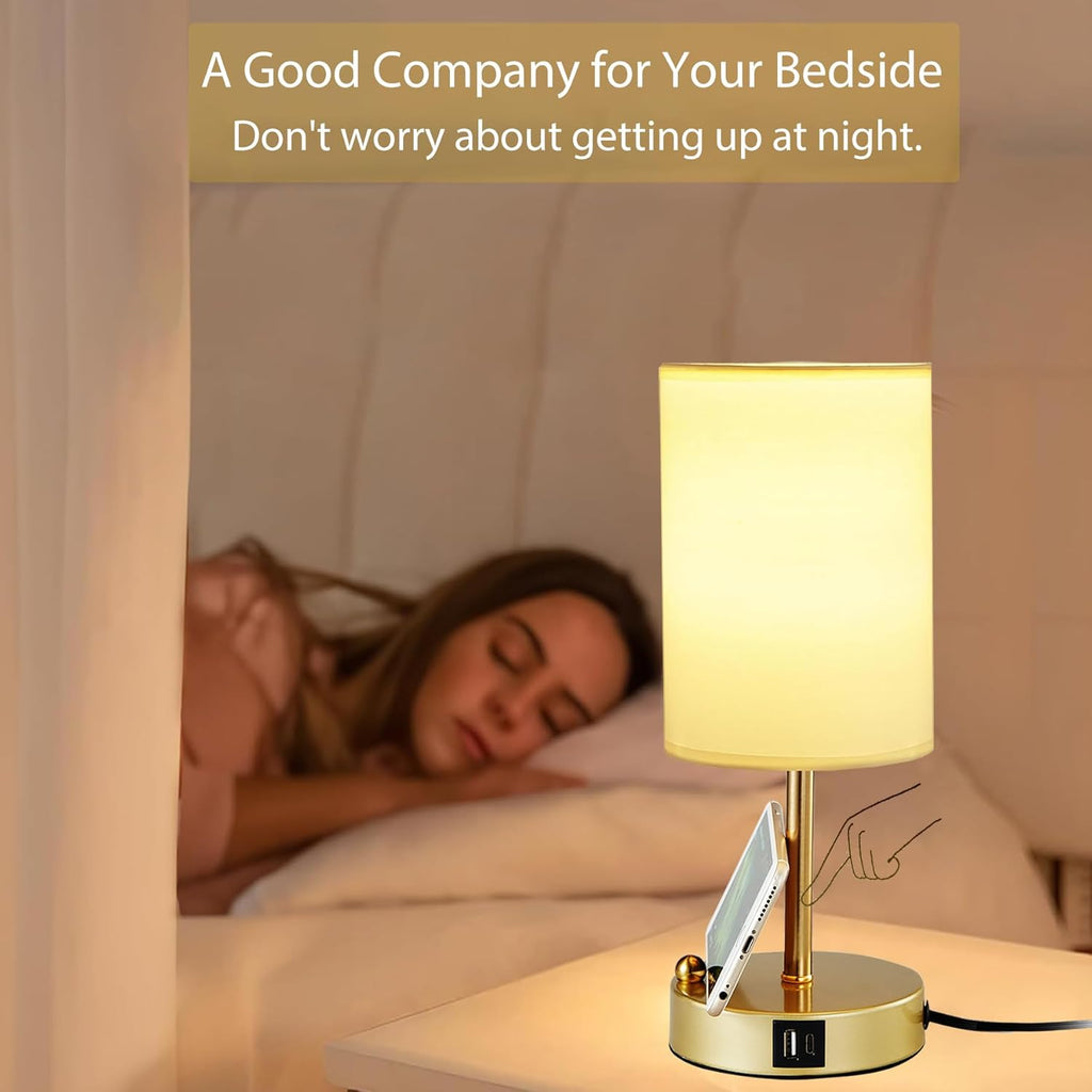 Briever Touch Control Table Lamp for Bedroom, 3-Way Dimmable Nightstand Lamp with USB Charging Ports, Bedside Desk Lamp with Gold Phone…