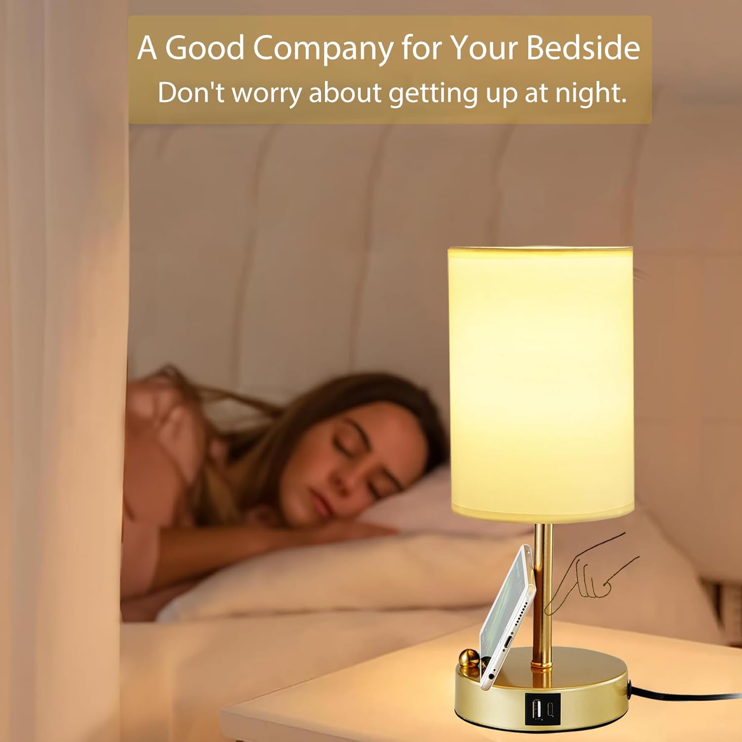 Briever Touch Control Table Lamp for Bedroom, 3-Way Dimmable Nightstand Lamp with USB Charging Ports, Bedside Desk Lamp with Gold Phone…