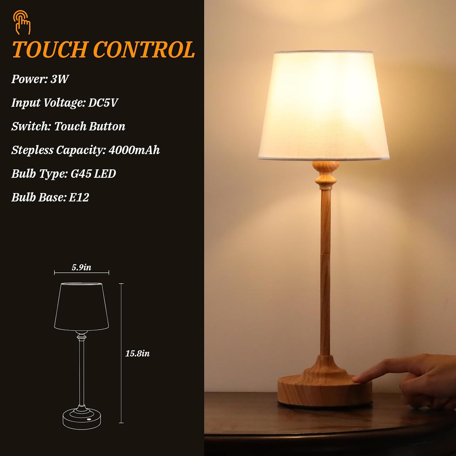 Kakanuo Cordless Table Lamps Rechargeable Set - 2 Pack Wooden 4000mAH Battery Operated Lamps for Decor, 3000K Stepless Dimming Touch…