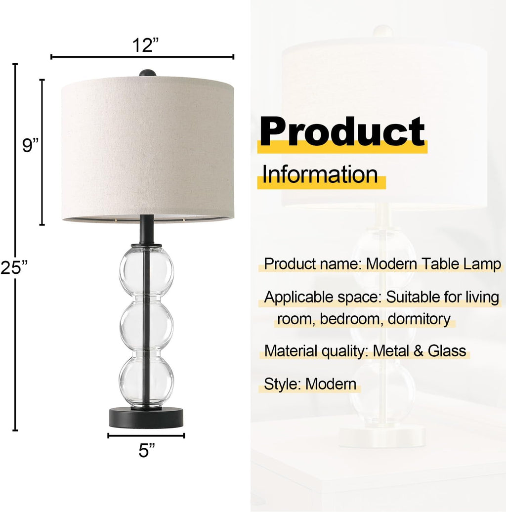 Oneach 25" Glass Table Lamps Set of 2, Black Modern Table Lamps with USB Ports for Living Room, Linen Shade Bedside Lamps for Bedroom, Nigh…