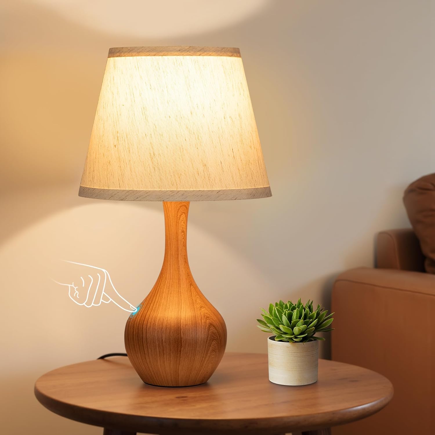 Seealle Touch Table Lamp for Bedroom, 3-Way Dimmable Small Bedside Lamps for Night Stands with Wires, Wood Desk Lamp for Kids Room…