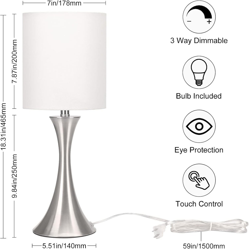 Touch Control Table Lamp, 3-Way Dimmable Bedside Lamp for Living Room, Modern Nightstand Lamp for Bedroom, Silver Table Lamp with White…