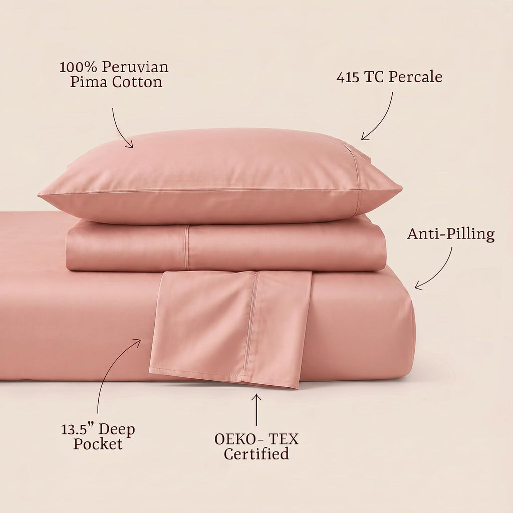Perupima Peru Pima 415 Thread Count Percal Full Sheet Set - 100% Peruvian Pima Cotton, 4 Piece (Flat, Fitted, 2 Pillowcases) - Cooling, Cri…