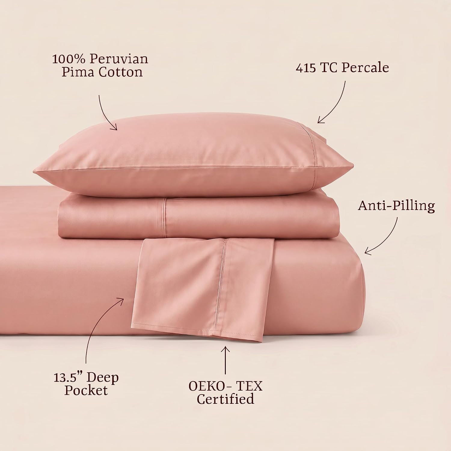 Perupima Peru Pima 415 Thread Count Percal Full Sheet Set - 100% Peruvian Pima Cotton, 4 Piece (Flat, Fitted, 2 Pillowcases) - Cooling, Cri…
