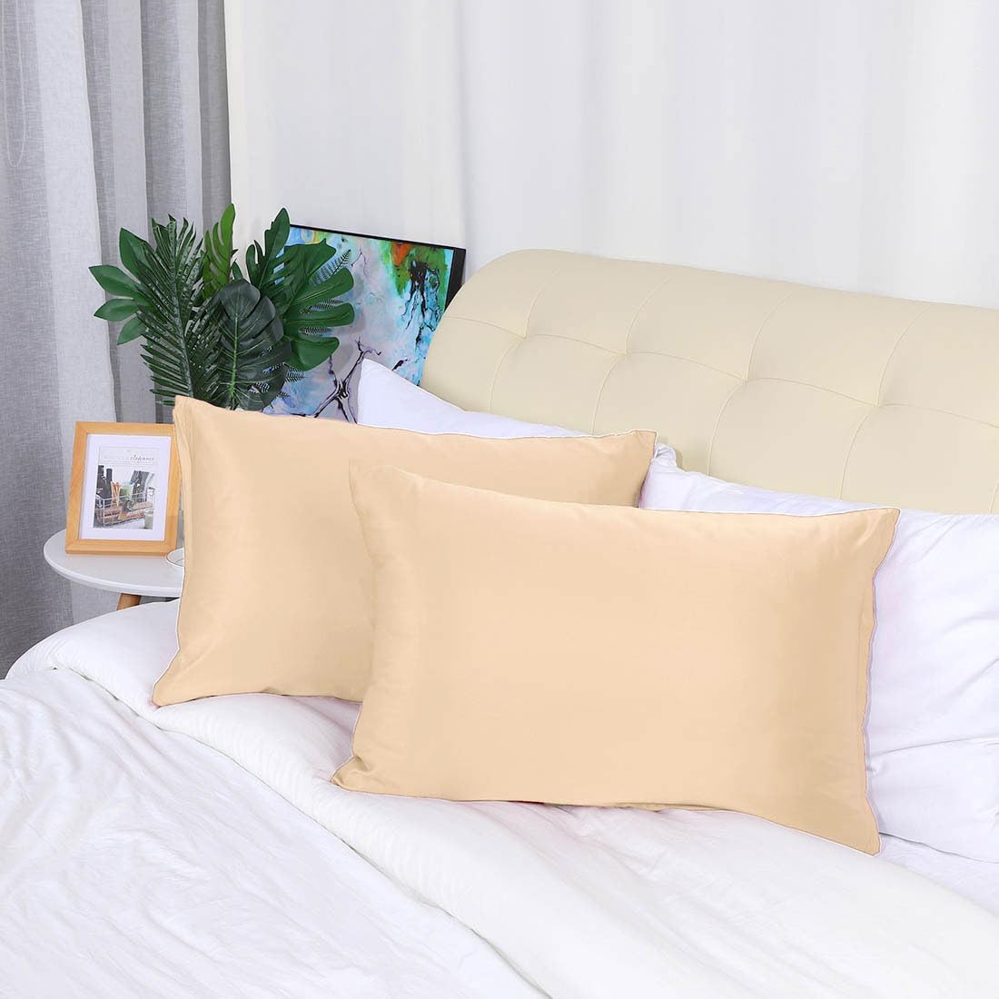 uxcell Queen Satin Pillowcase with Zipper, Super Soft and Luxury, Silky Pillow Cases Covers Set of 2, 21"x31", Champagne