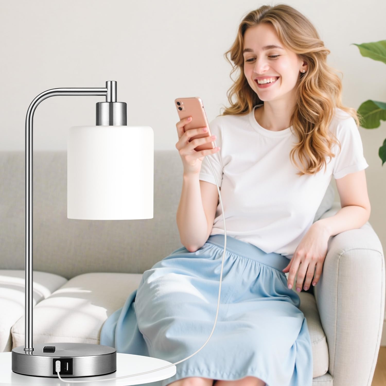 Set of 2 Industrial Touch Control Table Lamps with 2 USB Ports and AC Outlet - 3-Way Dimmable Nickel Bedside Lamp Nightstand Desk Lamps…