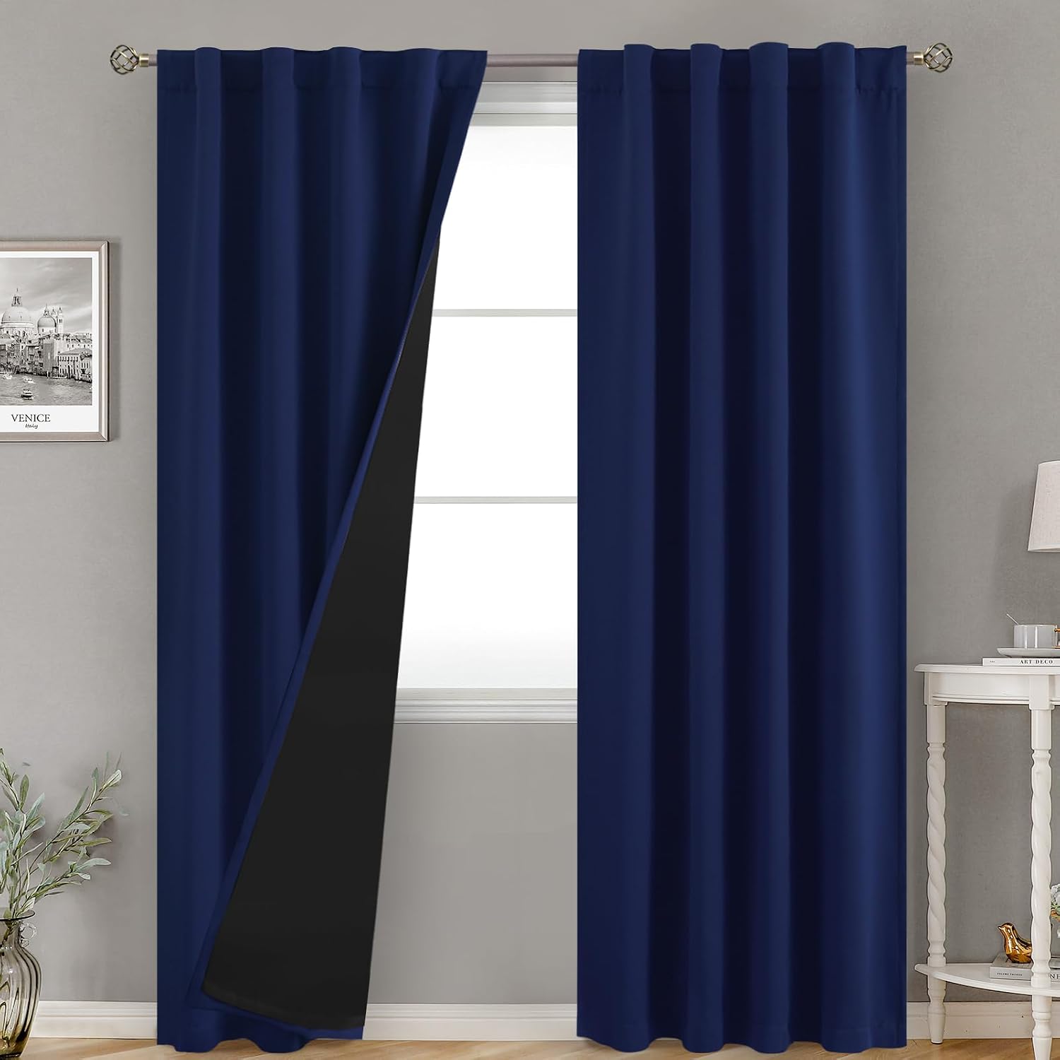 BGment Navy Blue 100% Blackout Curtains for Bedroom, Black Out Living Room 84 inch Panels with Thermal Liner, Rod Pocket and Back Tab…