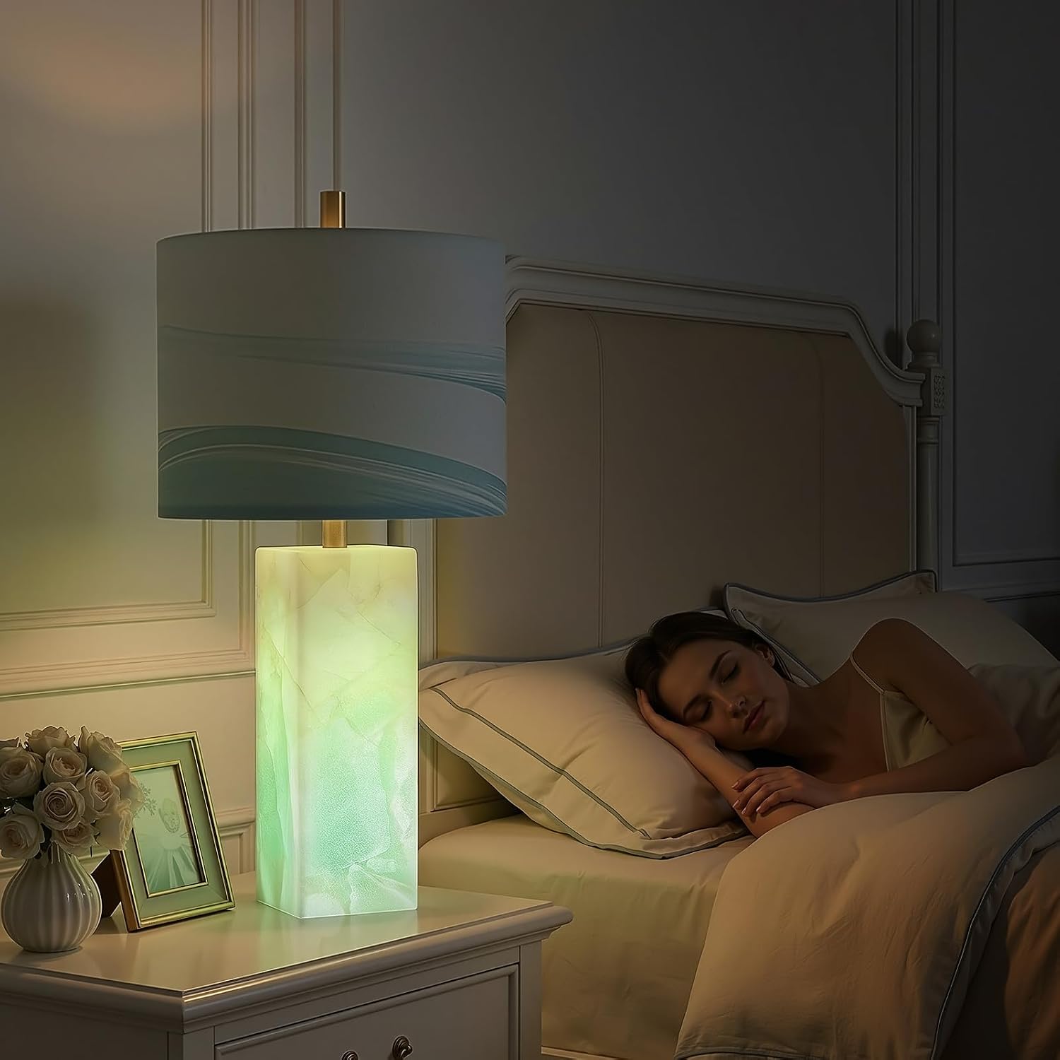 Scenekoy 23" Alabaster Table Lamp Set of 2 with Night Light for Bedroom Living Room, Rotary Switch, Blue Table Lamp with Linen Shade…