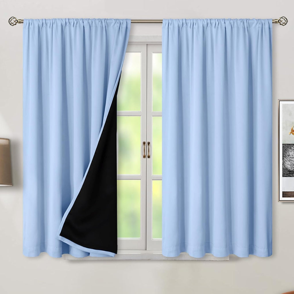 BGment Light Blue 100% Blackout Curtains 45 Inches Long with Thermal Liner, Room Darkening Double Layer Rod Pocket and Back Tab Window…