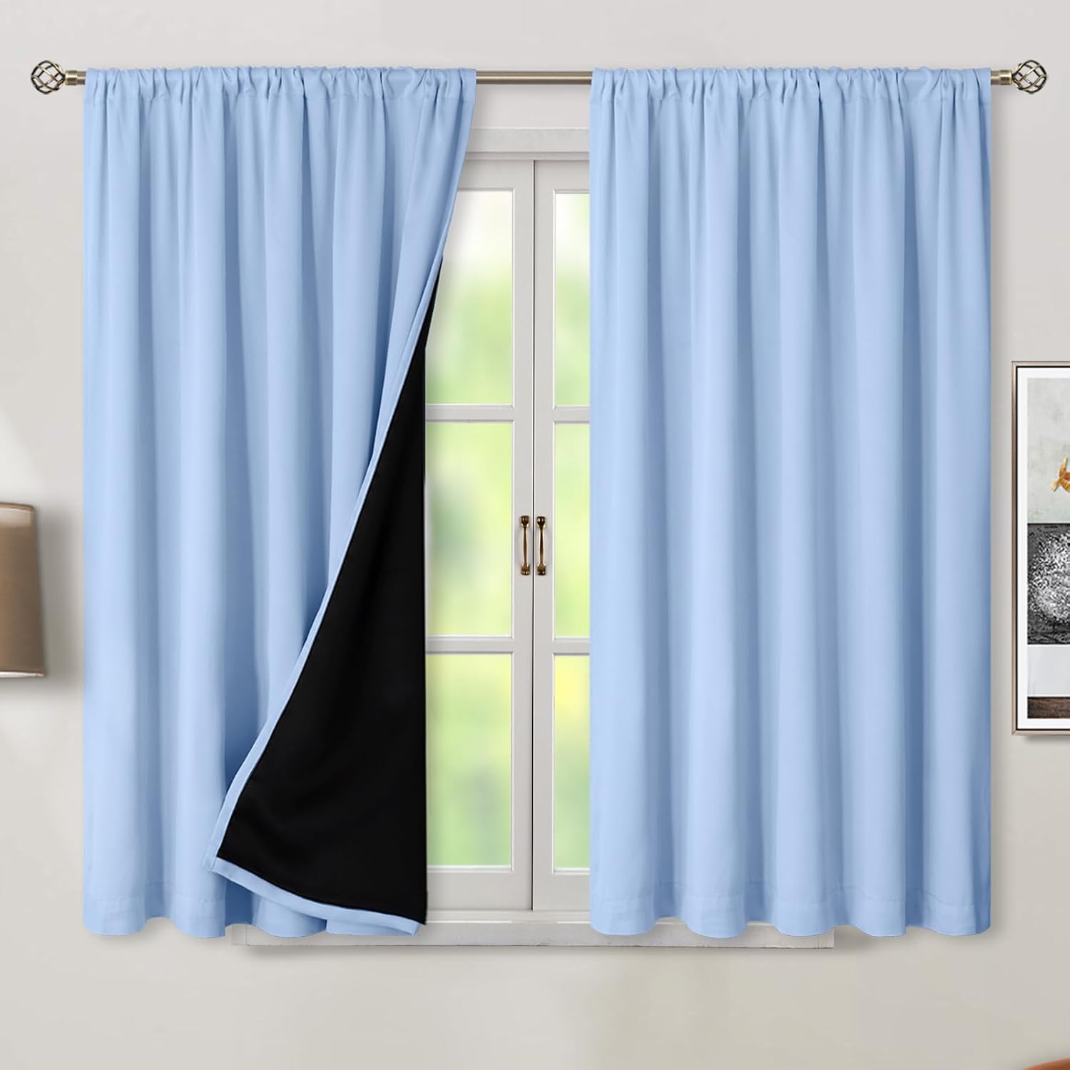 BGment Light Blue 100% Blackout Curtains 45 Inches Long with Thermal Liner, Room Darkening Double Layer Rod Pocket and Back Tab Window…