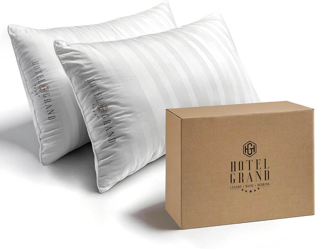 Hotel Grand Bed Pillows Standard Size Set of 2 Packs - 500 Thread Count 100% Cotton Medium Firm Hypoallergenic Feather Down Pillows…