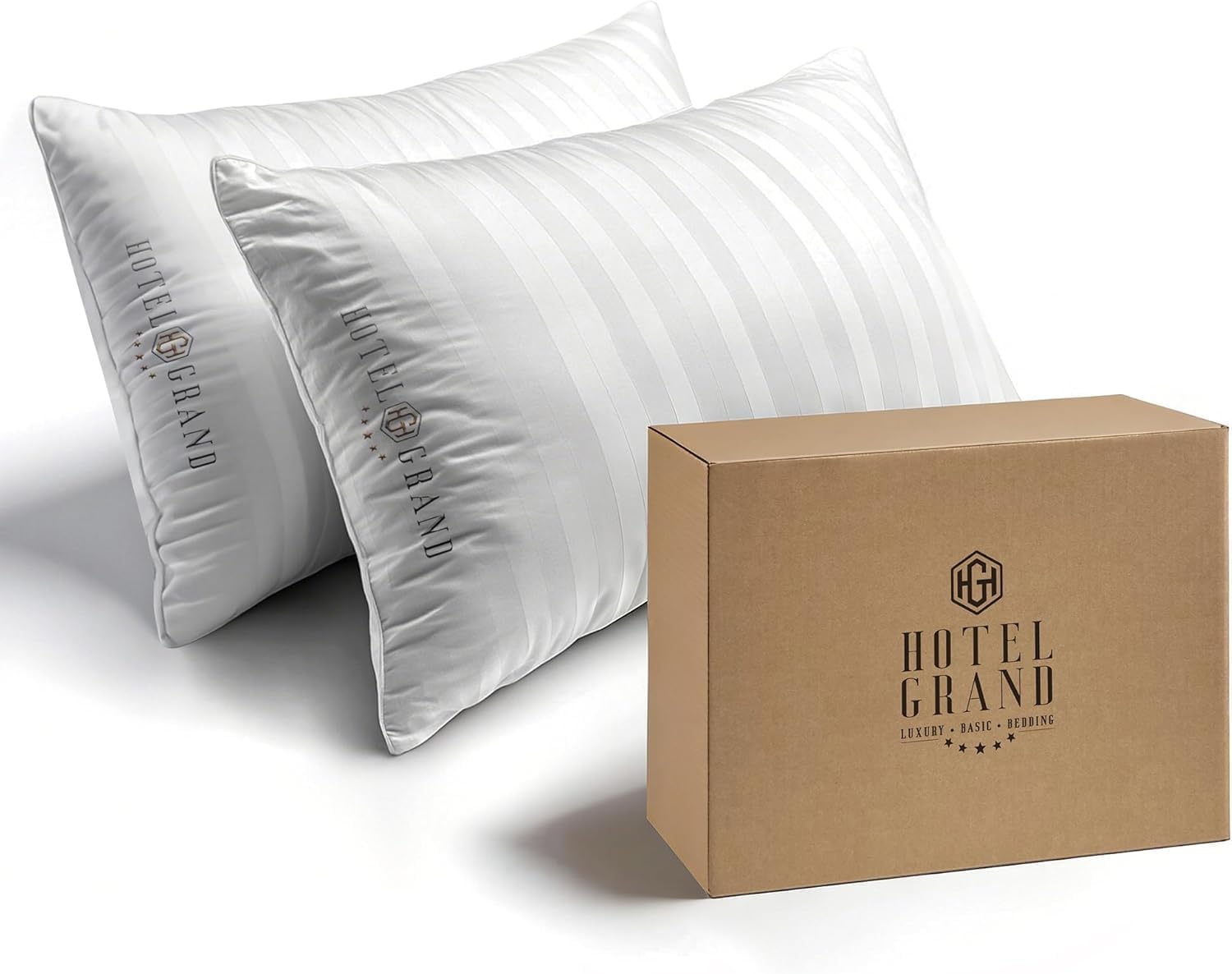 Hotel Grand Bed Pillows Standard Size Set of 2 Packs - 500 Thread Count 100% Cotton Medium Firm Hypoallergenic Feather Down Pillows…