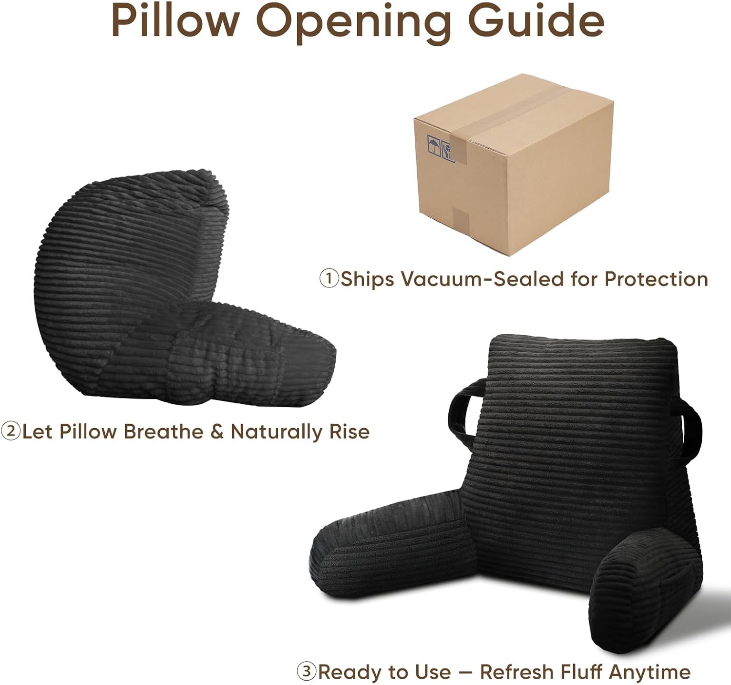 Reading Pillow for Sitting in Bed Adult, Bed Reading Pillow with Shredded Memory Foam, Back Pillow for Sitting with Arms and Pockets, Black